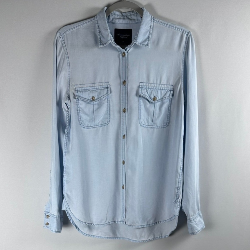 American Eagle Western Chambray Button Up Shirt S Blue Y2K Coastal Cowgirl Boho